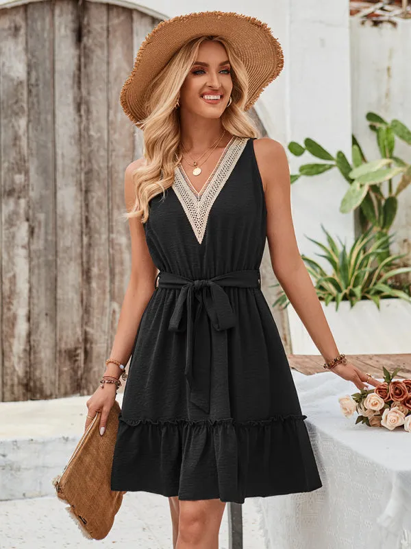 V-neck Sleeveless Dress with Lace Trim and Waist Tie