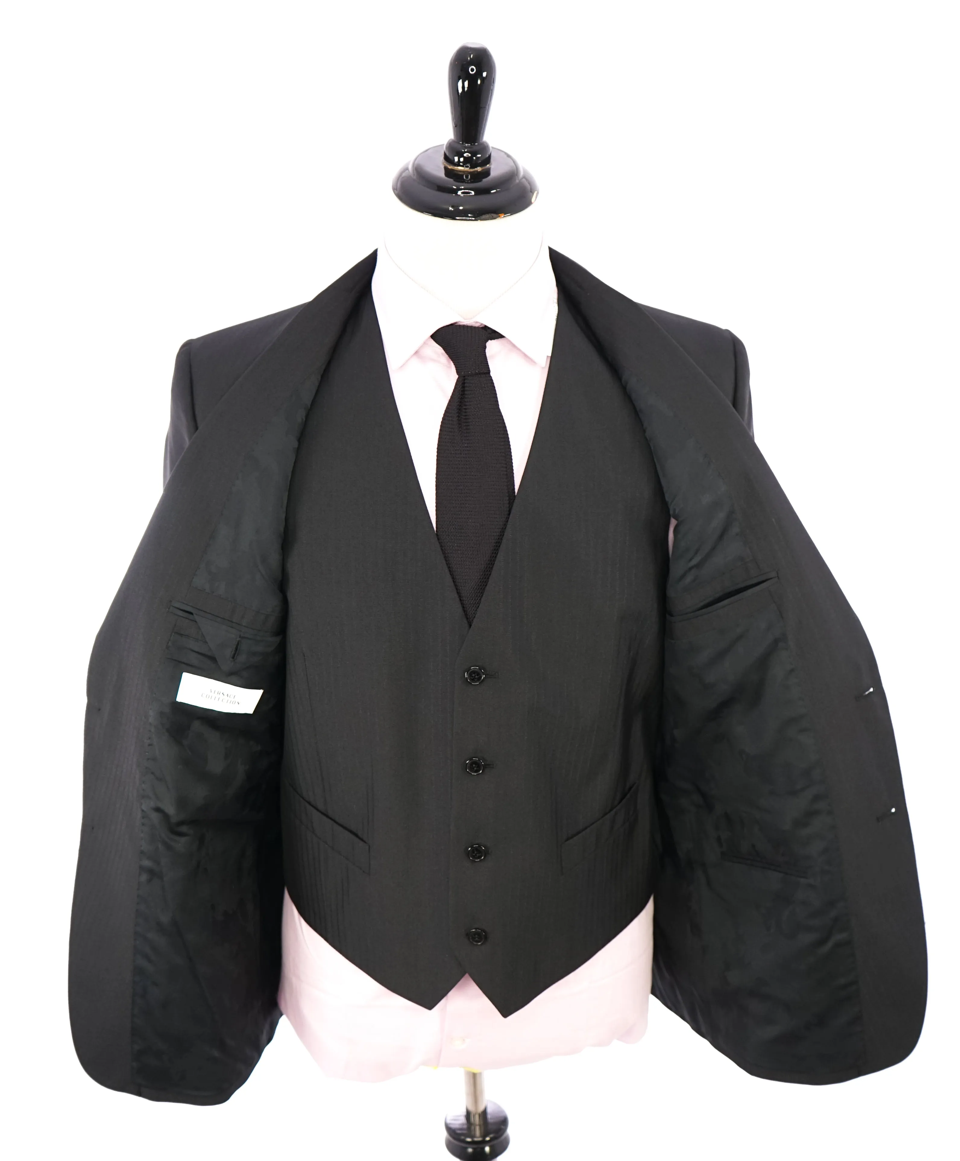 VERSACE COLLECTION - 3-Piece Sharkskin Black Tonal Stripe Logo Buttons  -  42R