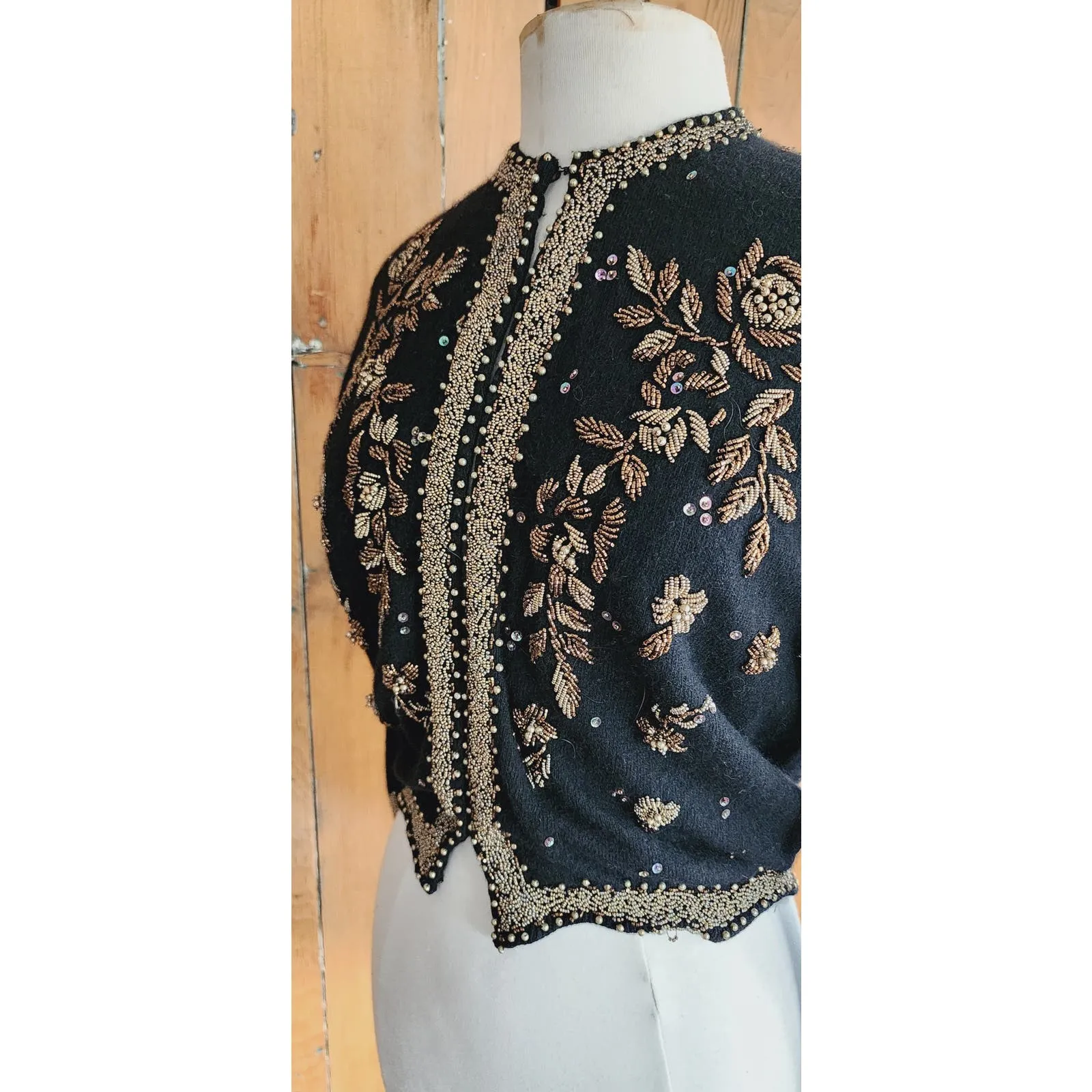 Vintage 50s Black Beaded Cardigan Copper Gold Miles Sweater