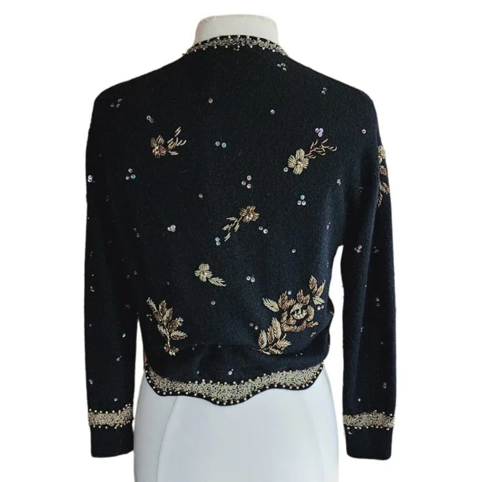 Vintage 50s Black Beaded Cardigan Copper Gold Miles Sweater