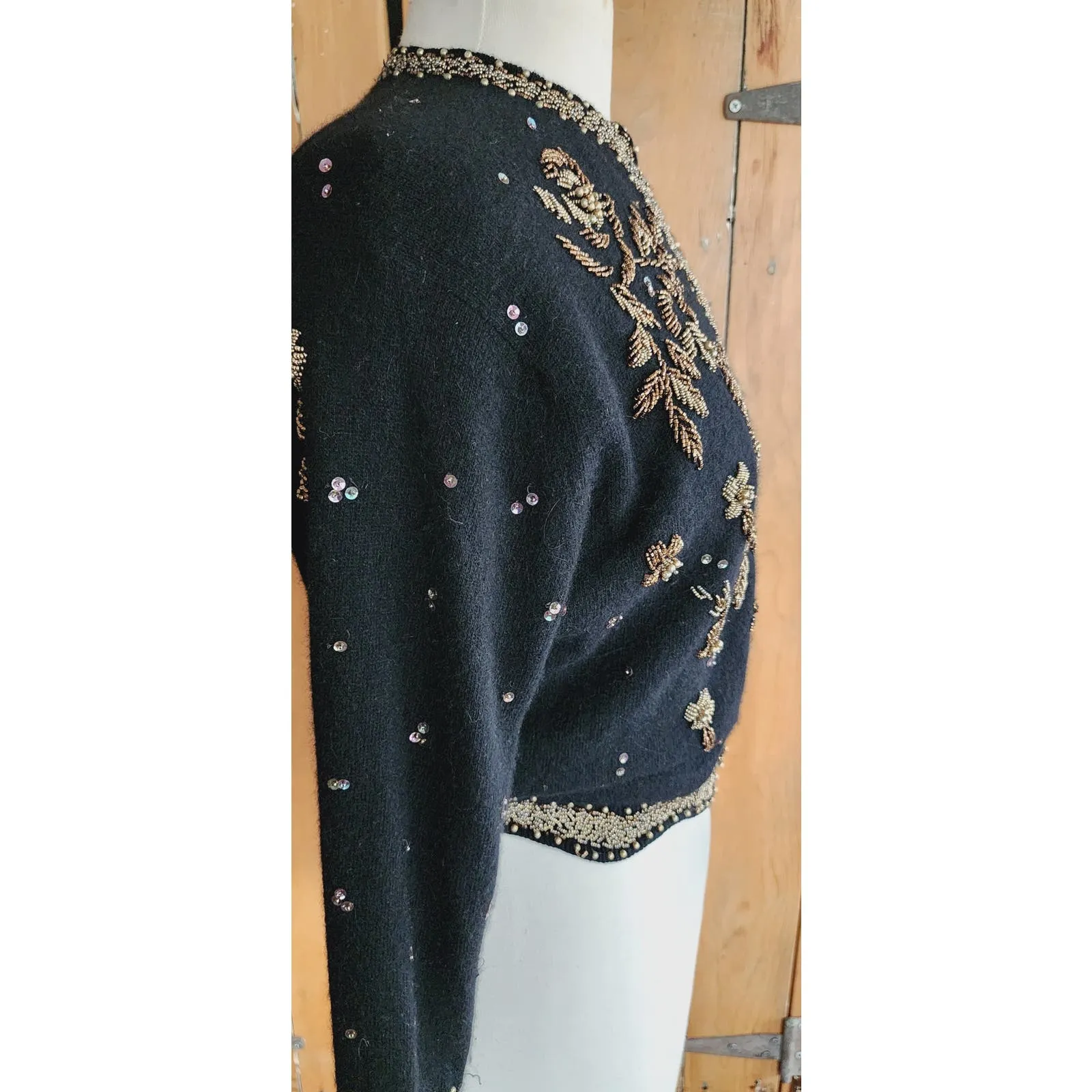 Vintage 50s Black Beaded Cardigan Copper Gold Miles Sweater
