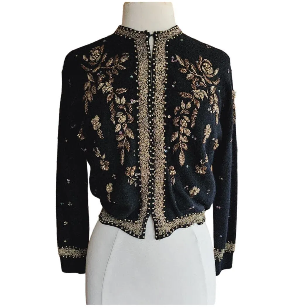 Vintage 50s Black Beaded Cardigan Copper Gold Miles Sweater