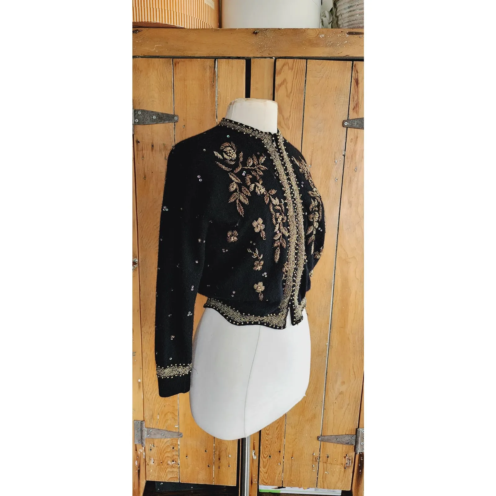 Vintage 50s Black Beaded Cardigan Copper Gold Miles Sweater