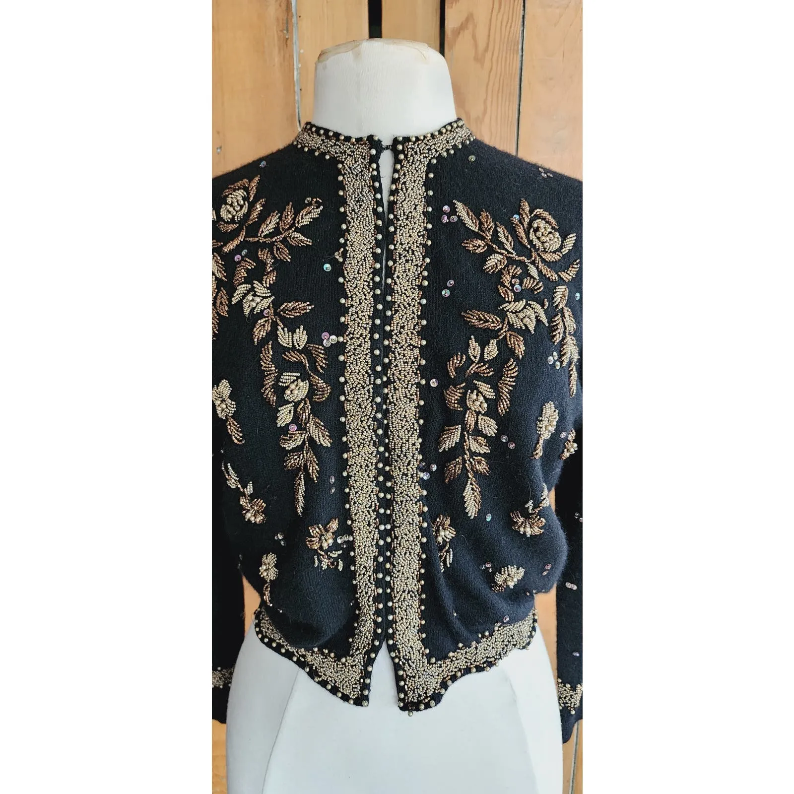 Vintage 50s Black Beaded Cardigan Copper Gold Miles Sweater