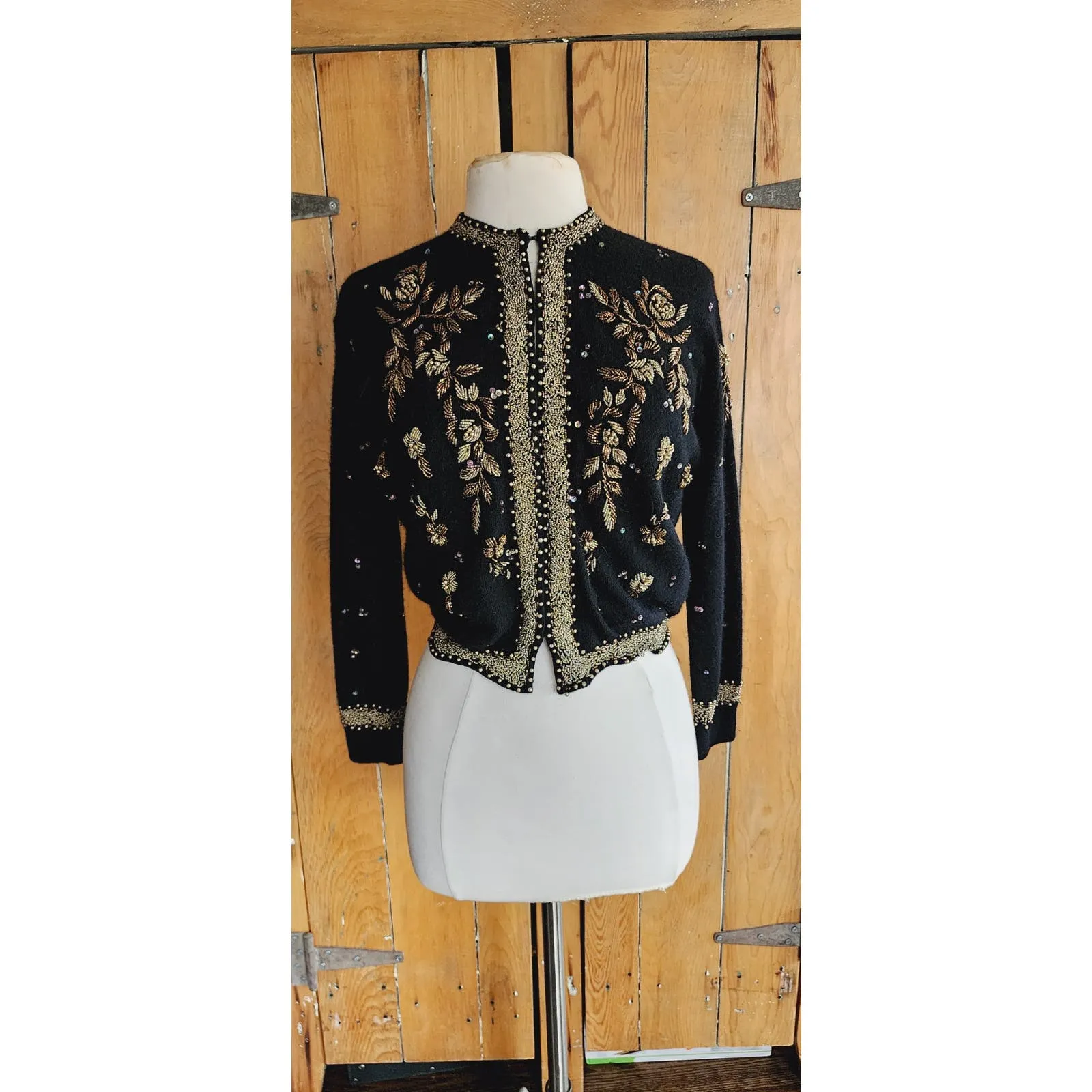 Vintage 50s Black Beaded Cardigan Copper Gold Miles Sweater