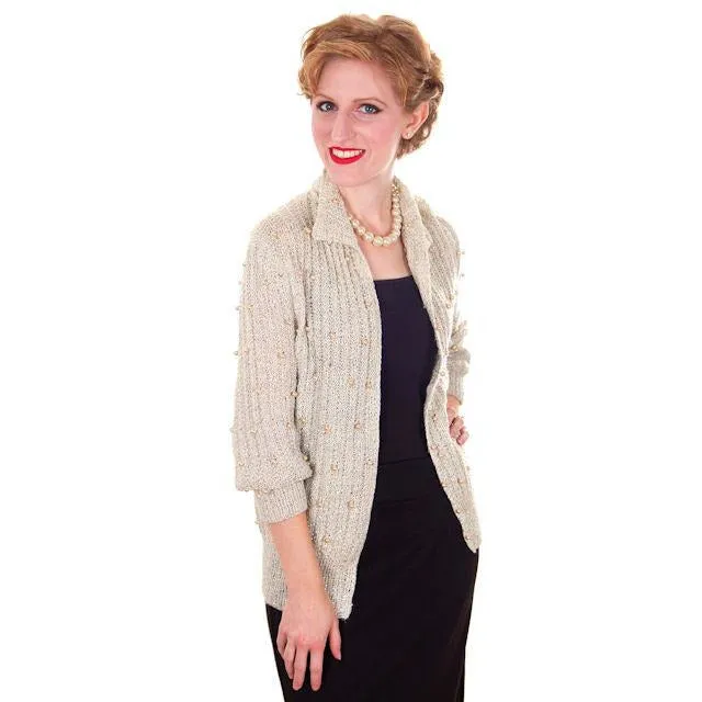 Vintage Sweater Ivory Pearl Studded Metallic Evening Cardigan by Ethel 1950s M
