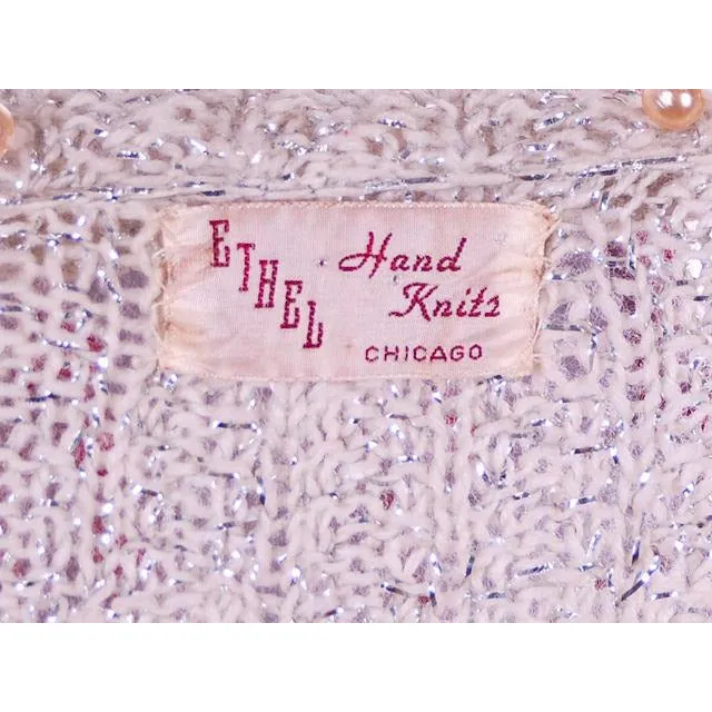 Vintage Sweater Ivory Pearl Studded Metallic Evening Cardigan by Ethel 1950s M