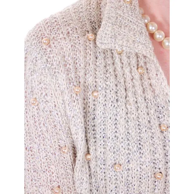 Vintage Sweater Ivory Pearl Studded Metallic Evening Cardigan by Ethel 1950s M