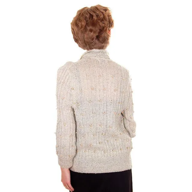 Vintage Sweater Ivory Pearl Studded Metallic Evening Cardigan by Ethel 1950s M