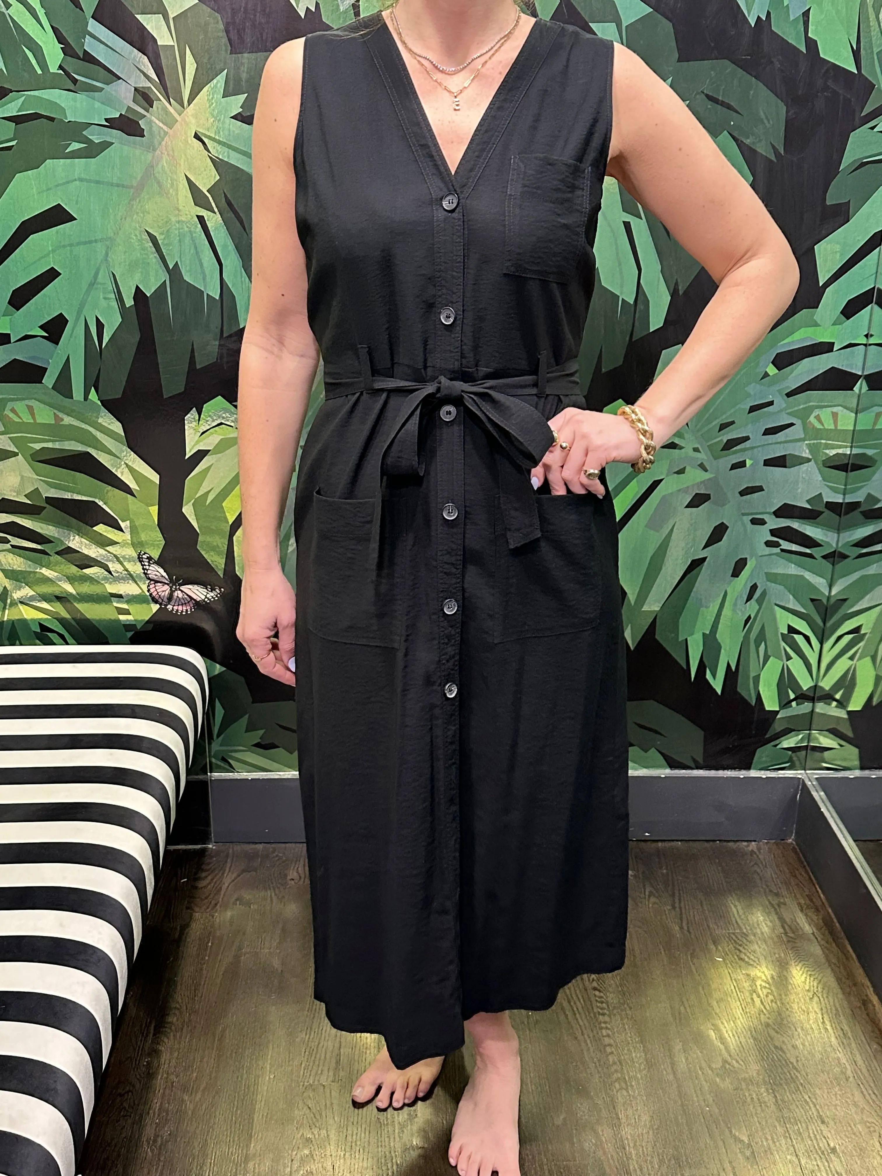 WHISTLES Black Sleeveless Front Button Belted Dress with Patch Pocket