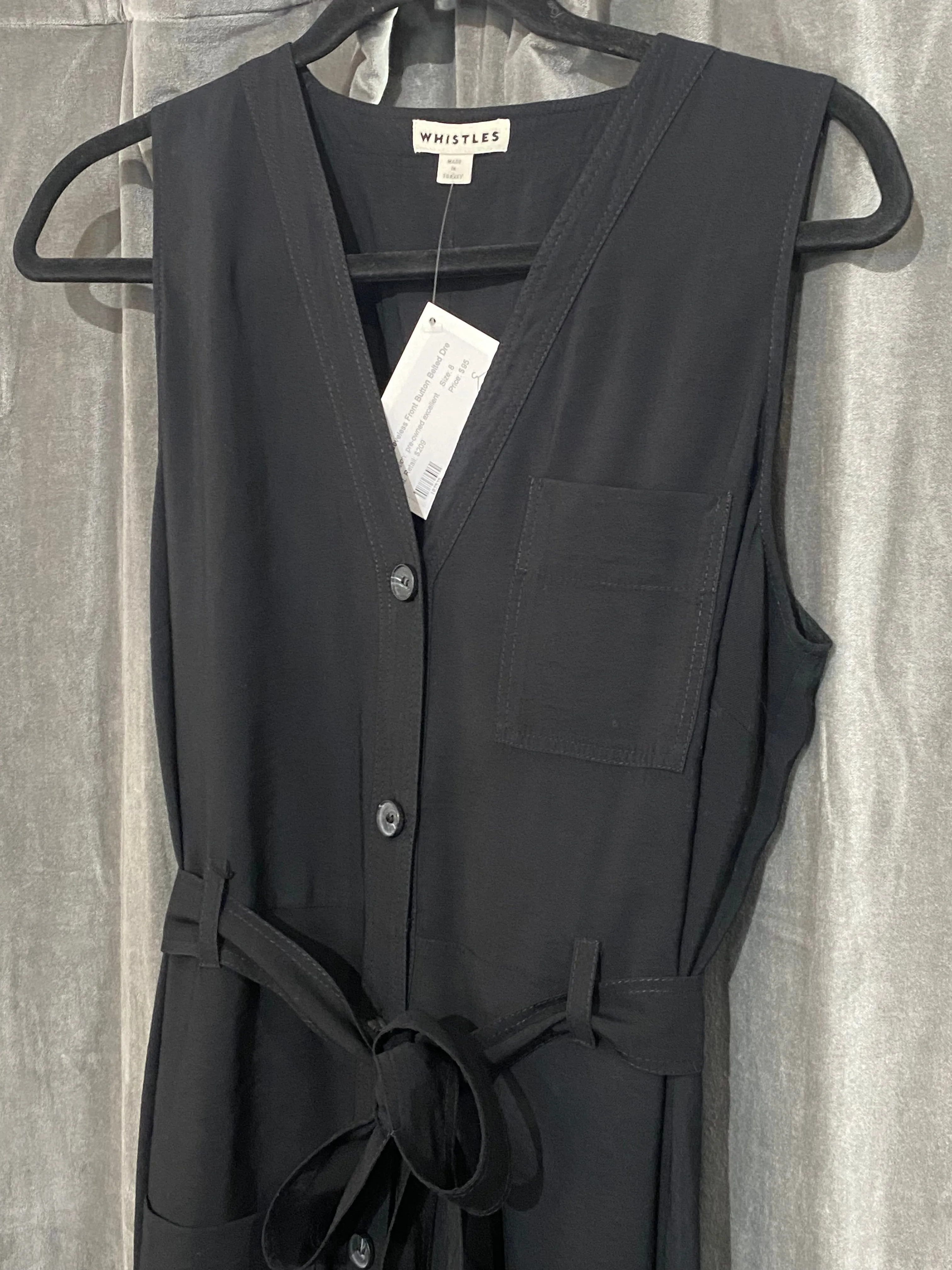 WHISTLES Black Sleeveless Front Button Belted Dress with Patch Pocket