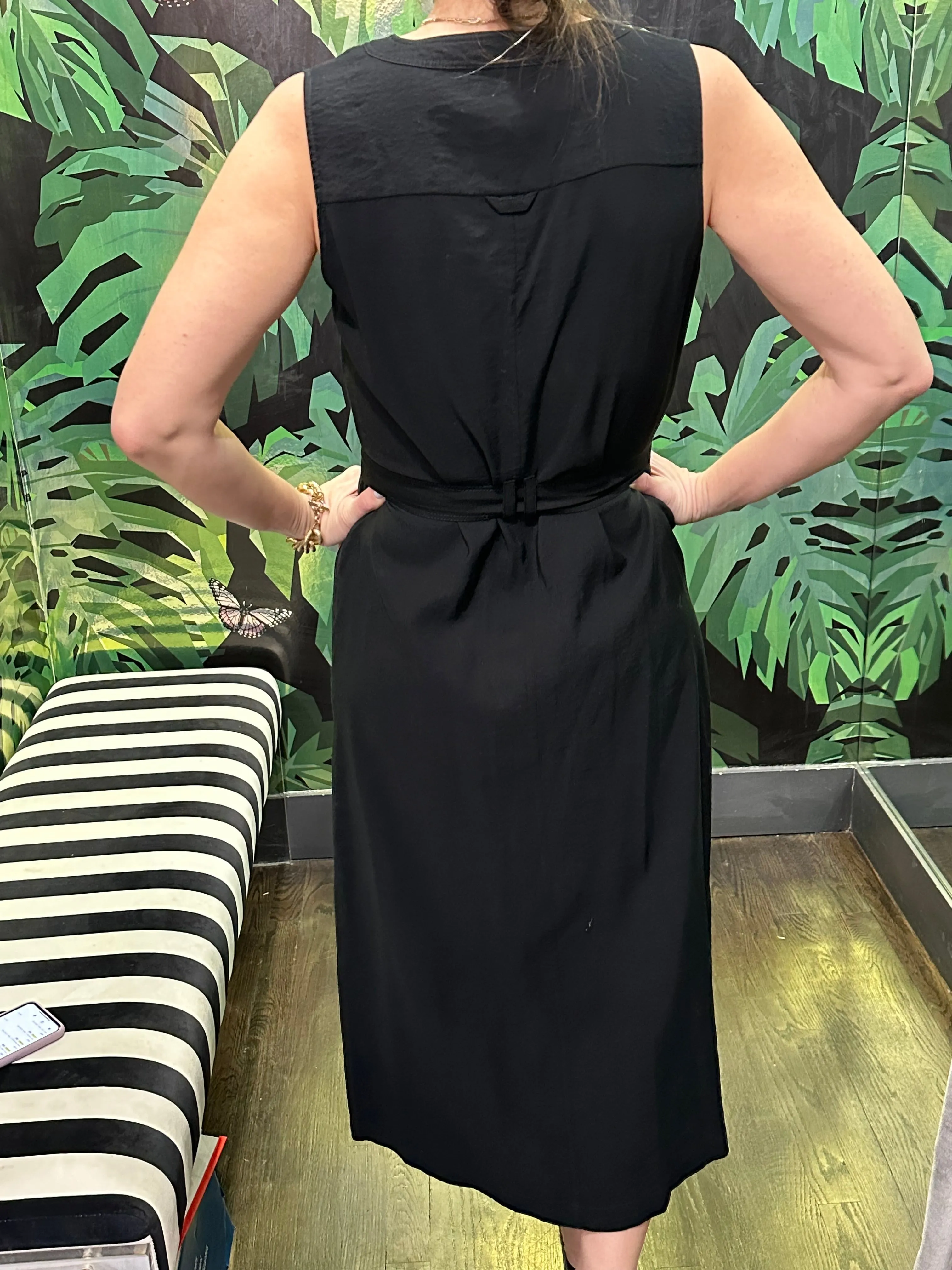 WHISTLES Black Sleeveless Front Button Belted Dress with Patch Pocket