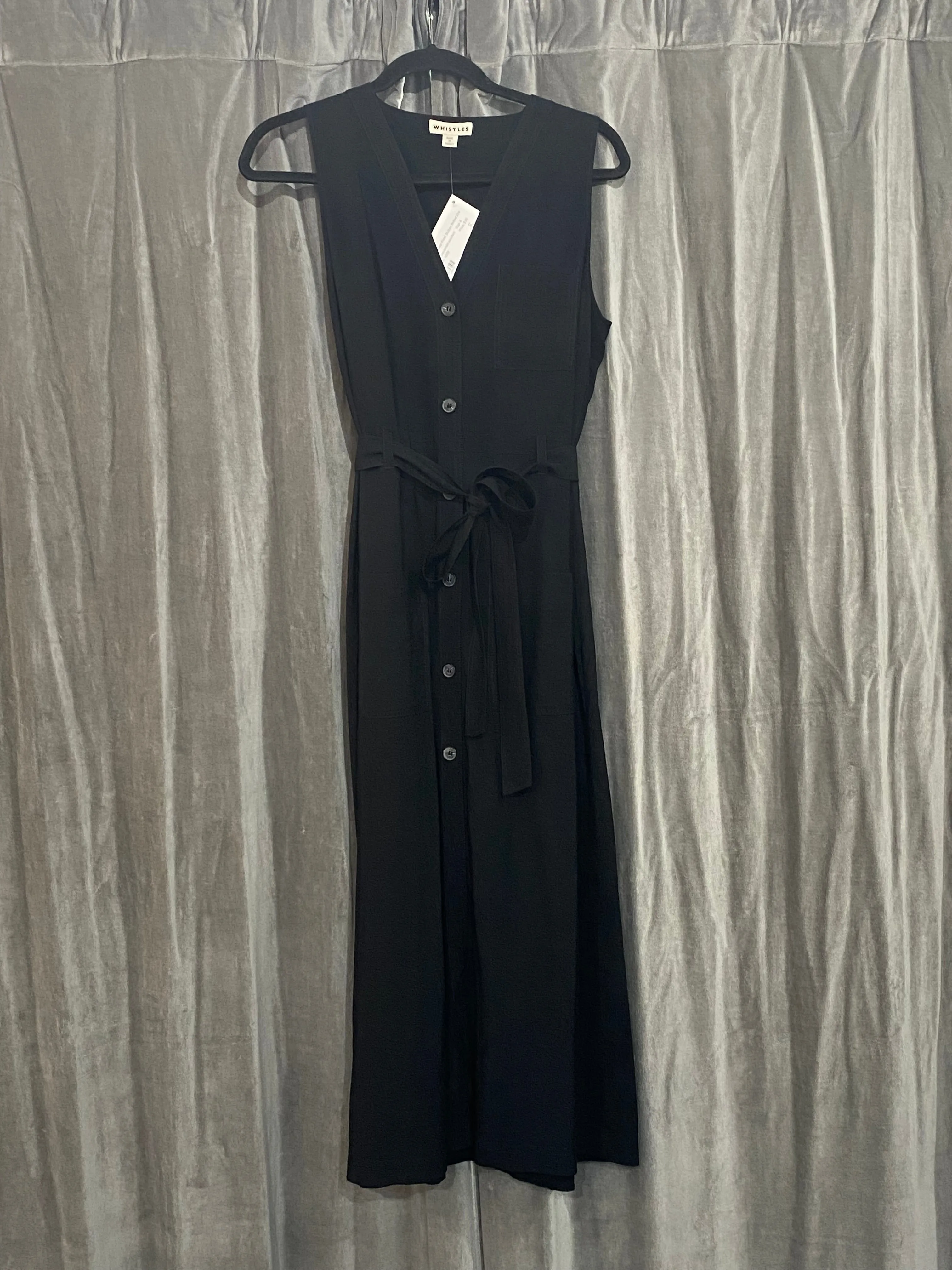 WHISTLES Black Sleeveless Front Button Belted Dress with Patch Pocket