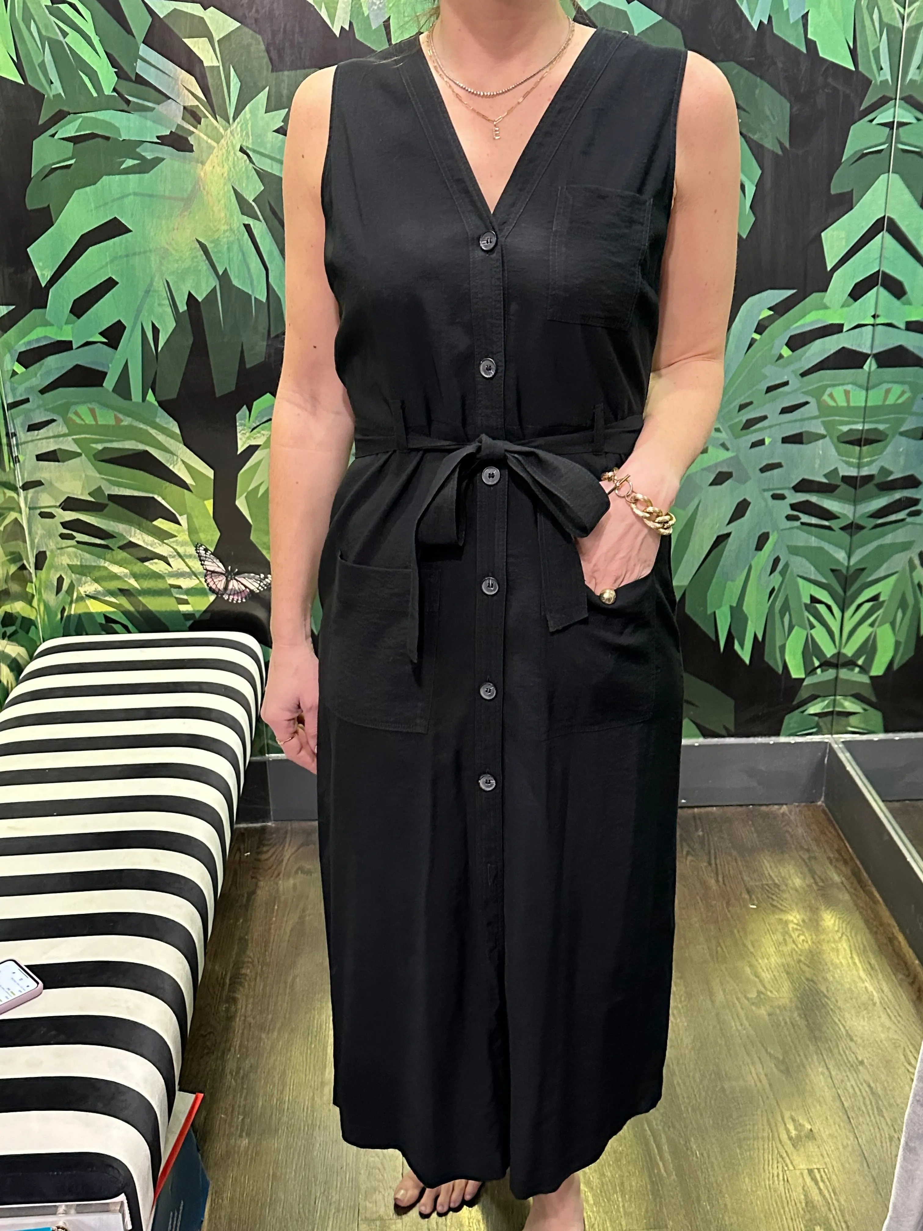 WHISTLES Black Sleeveless Front Button Belted Dress with Patch Pocket