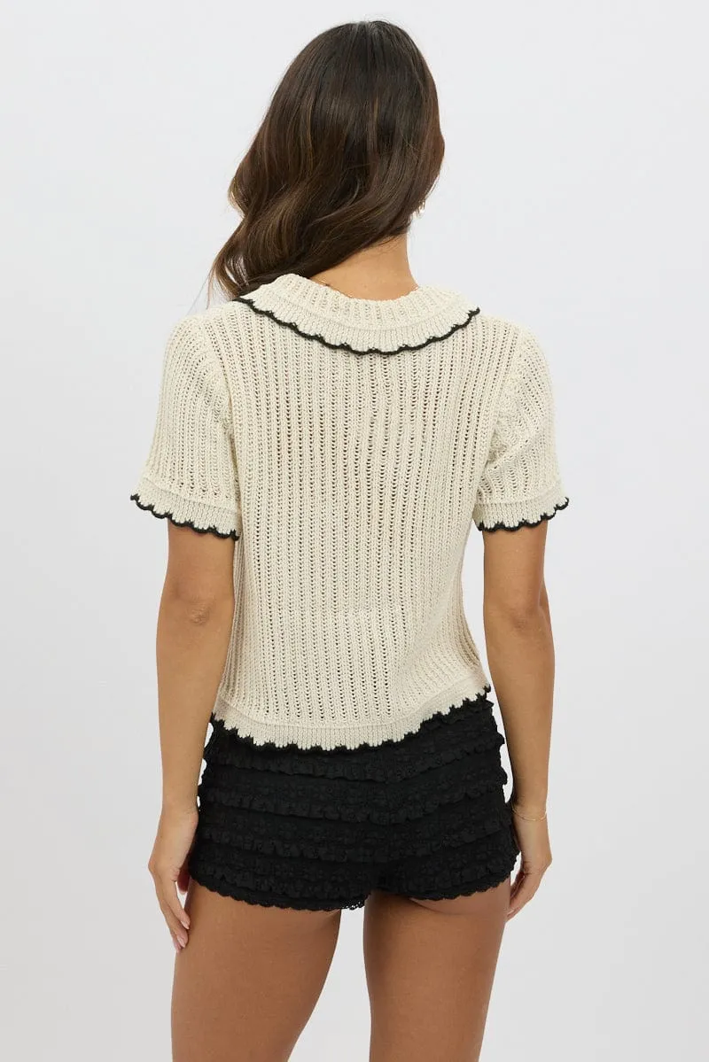White Knit Cardigan Short Sleeve Collared