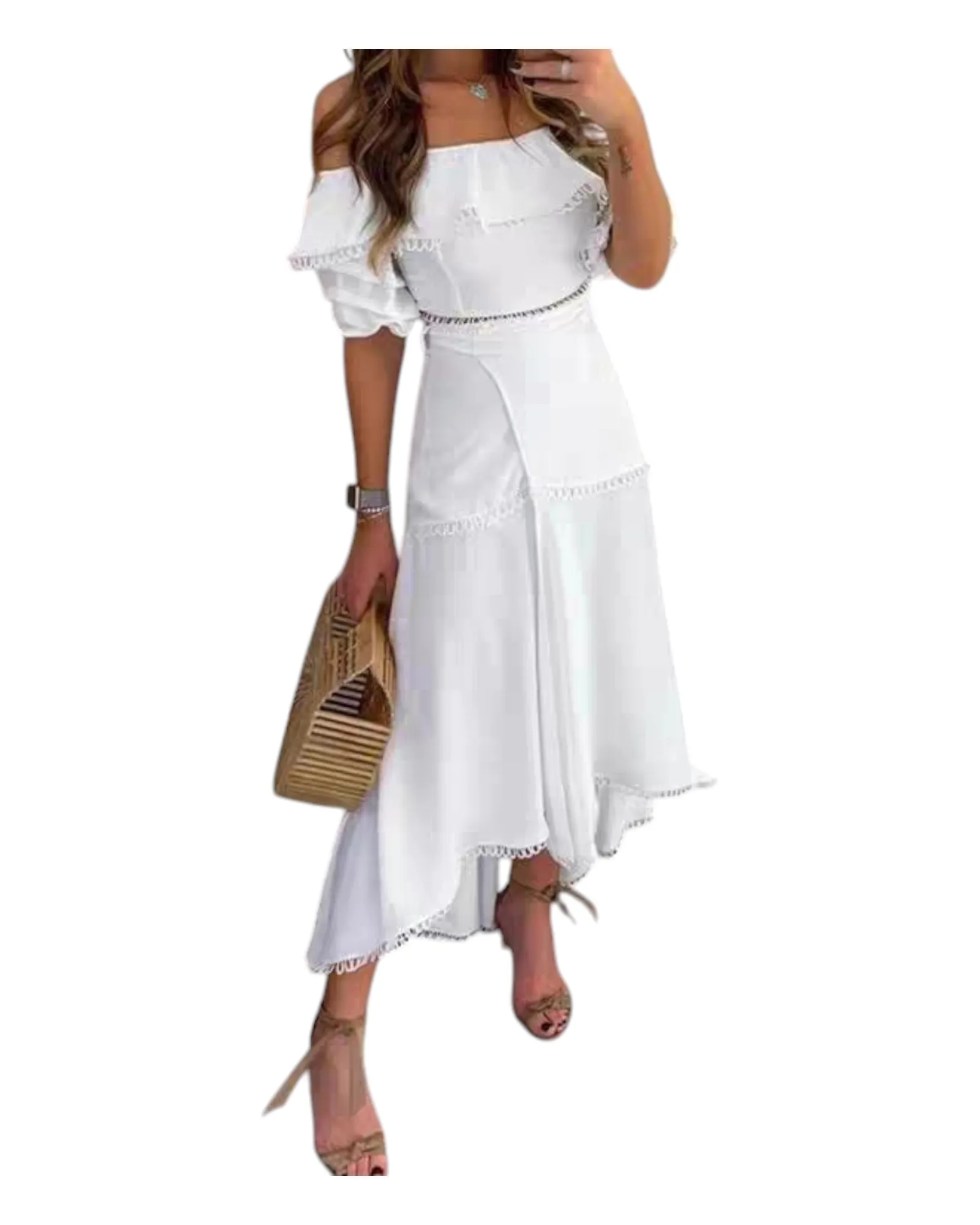 White off-the-shoulder Flowy Slit Dress