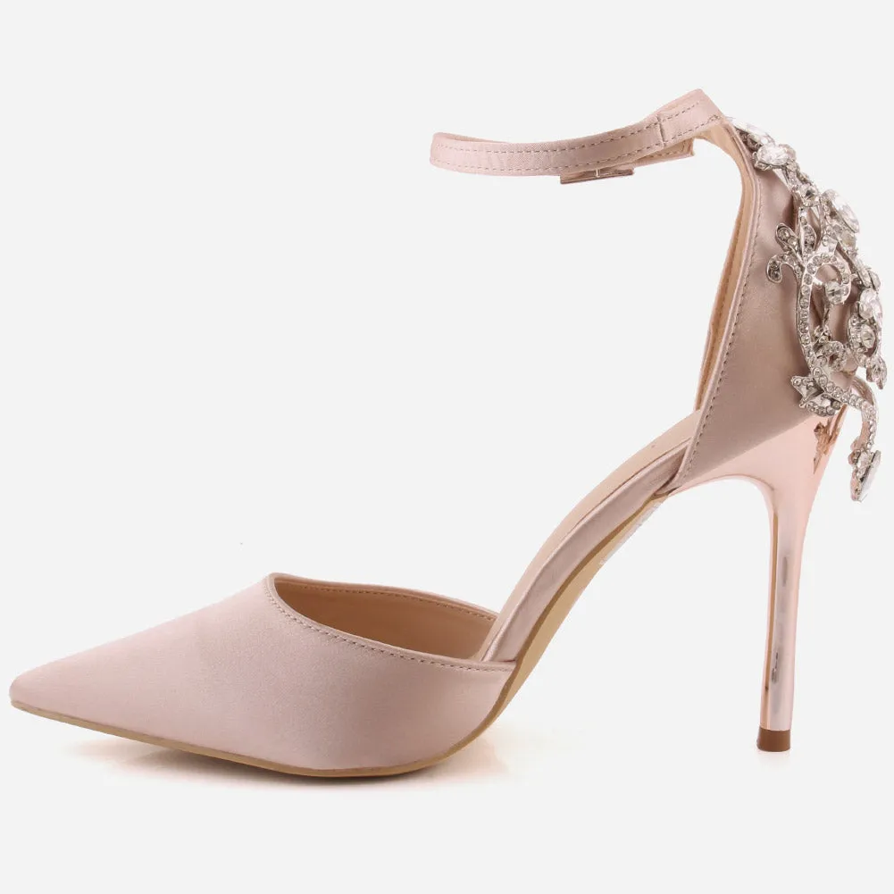 Women "ORIEL" Satin Ankle Strap Decorated Heel Cup Stiletto Heel Sandals