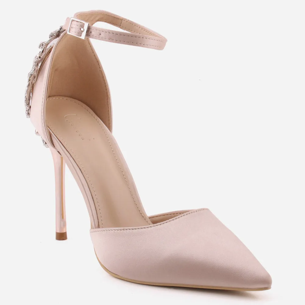 Women "ORIEL" Satin Ankle Strap Decorated Heel Cup Stiletto Heel Sandals
