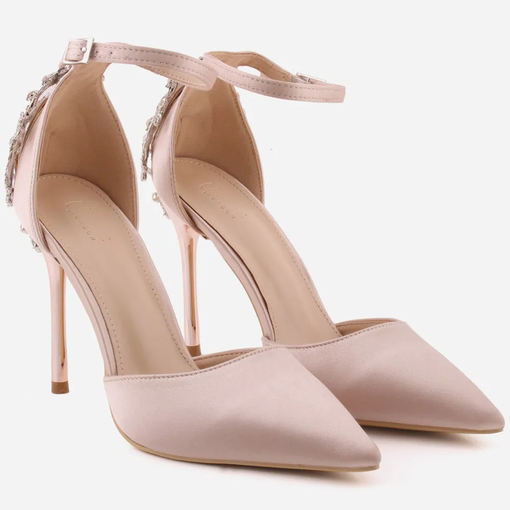 Women "ORIEL" Satin Ankle Strap Decorated Heel Cup Stiletto Heel Sandals
