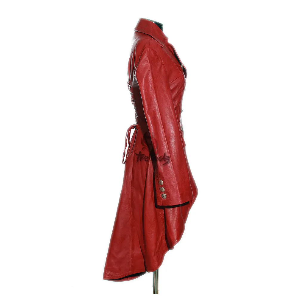 Women Valentine Red Coat Steampunk Leather Coat Military Tail Coat