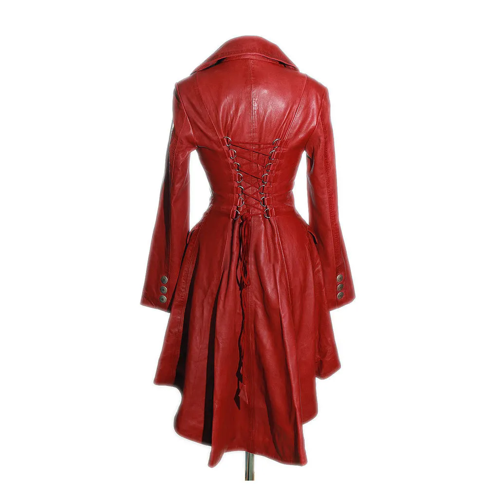 Women Valentine Red Coat Steampunk Leather Coat Military Tail Coat