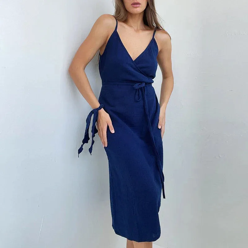 Women's Dress 100% Cotton Crepe Gauze V-Neck Sleeveless Bandage Long Maxi Elegant Dresses For Women