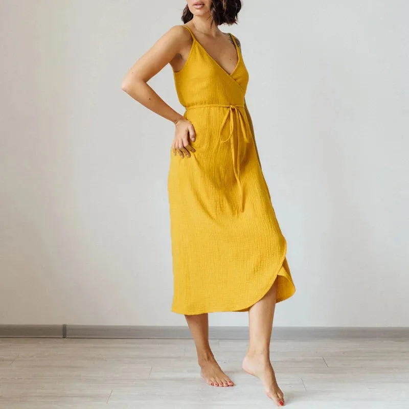 Women's Dress 100% Cotton Crepe Gauze V-Neck Sleeveless Bandage Long Maxi Elegant Dresses For Women