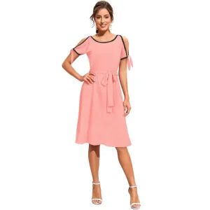 Womens Knitting strachable Solid Round Neck Sleeveless Dresses Peach