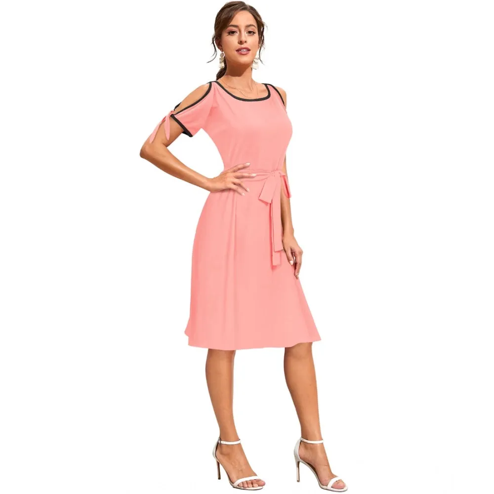 Womens Knitting strachable Solid Round Neck Sleeveless Dresses Peach