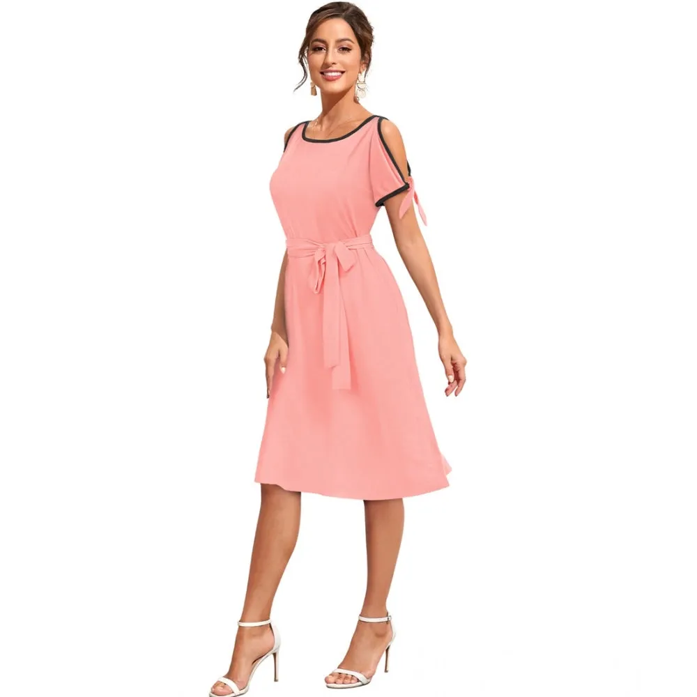 Womens Knitting strachable Solid Round Neck Sleeveless Dresses Peach