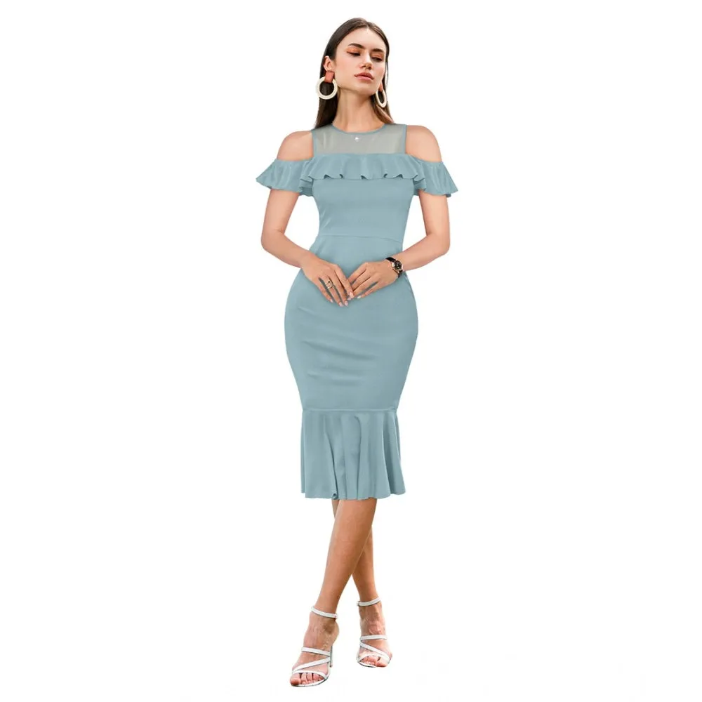 Womens Knitting strachable Solid Round Neck Sleeveless Dresses Pista