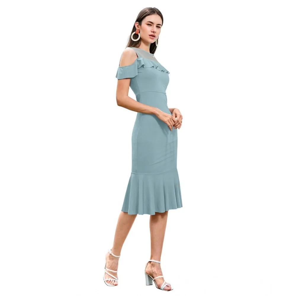 Womens Knitting strachable Solid Round Neck Sleeveless Dresses Pista