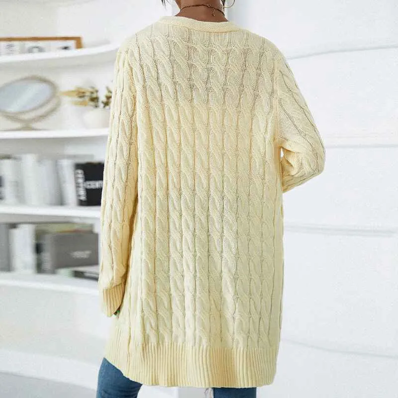 Women's Long Sleeve Open Front Cardigans Sweater Solid Color Twist Button Cable Knit Coat Outwear with Pockets K380