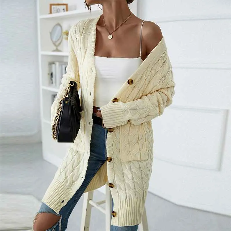 Women's Long Sleeve Open Front Cardigans Sweater Solid Color Twist Button Cable Knit Coat Outwear with Pockets K380