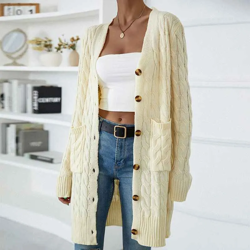 Women's Long Sleeve Open Front Cardigans Sweater Solid Color Twist Button Cable Knit Coat Outwear with Pockets K380