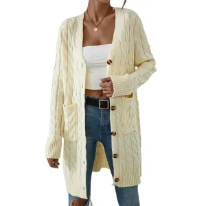 Women's Long Sleeve Open Front Cardigans Sweater Solid Color Twist Button Cable Knit Coat Outwear with Pockets K380