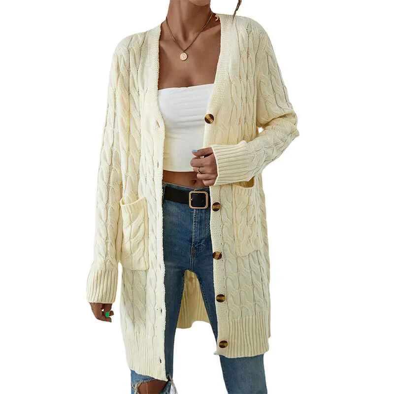 Women's Long Sleeve Open Front Cardigans Sweater Solid Color Twist Button Cable Knit Coat Outwear with Pockets K380