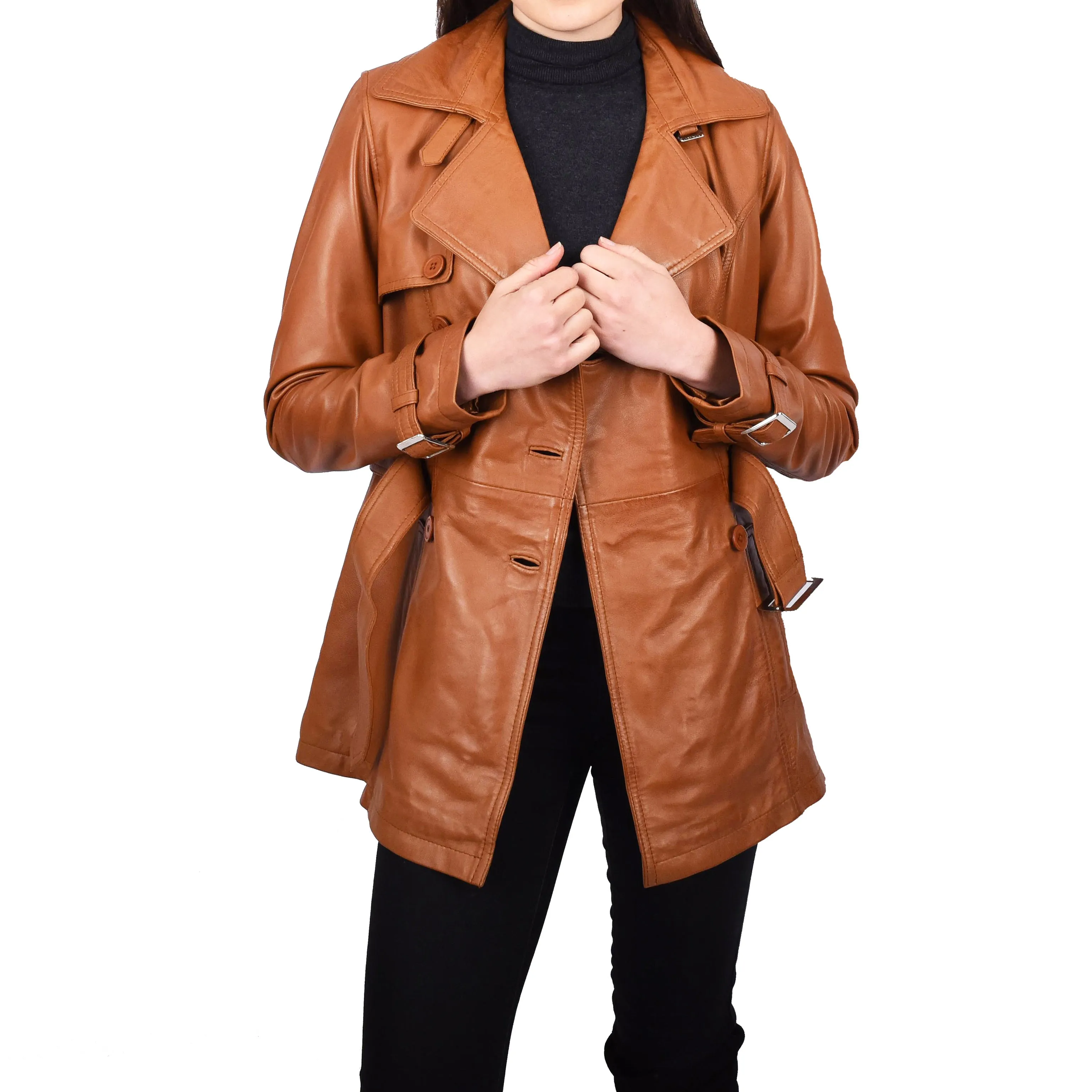 Women's Real Leather Buttoned Coat With Belt Tan GlamTrench