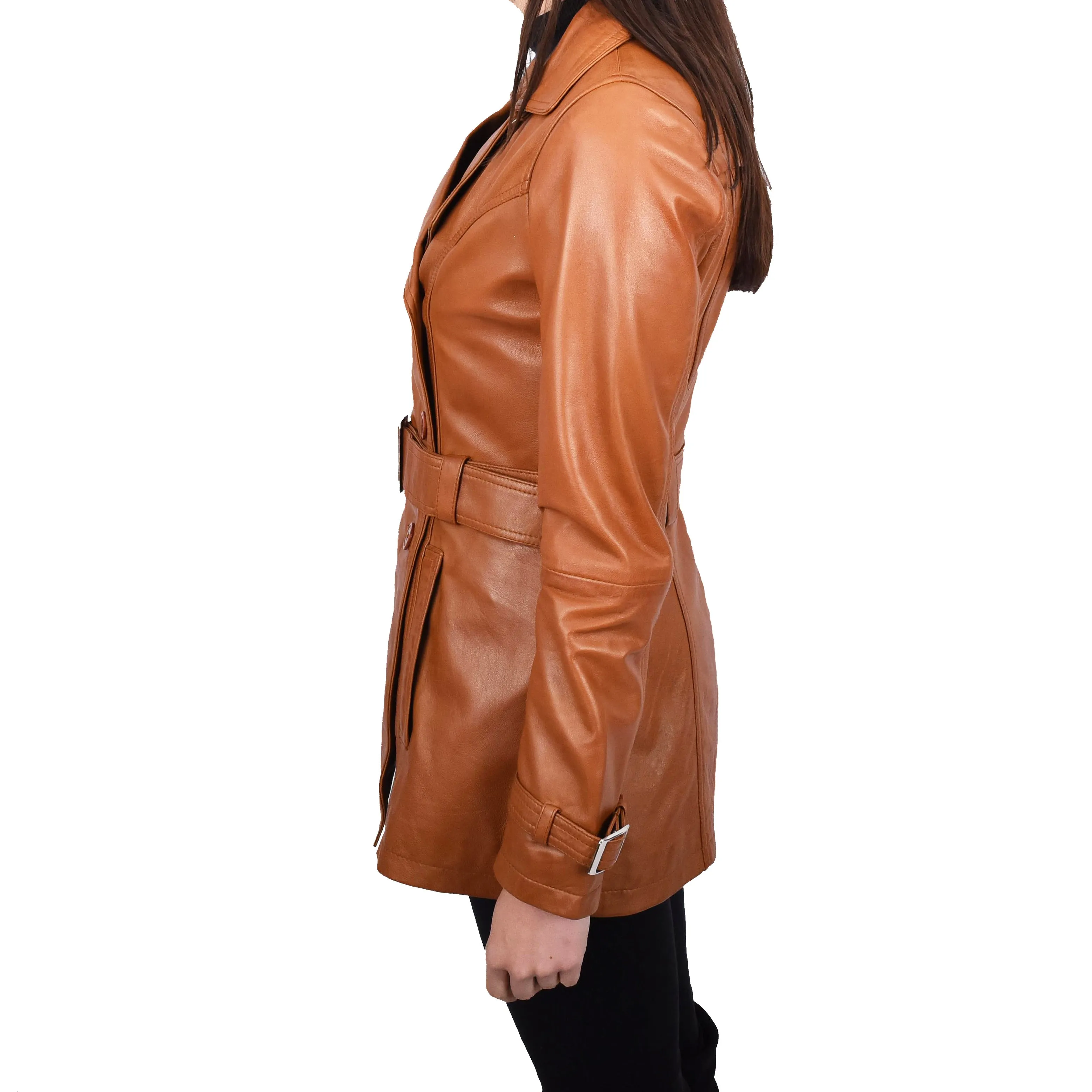 Women's Real Leather Buttoned Coat With Belt Tan GlamTrench