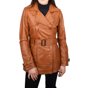 Women's Real Leather Buttoned Coat With Belt Tan GlamTrench