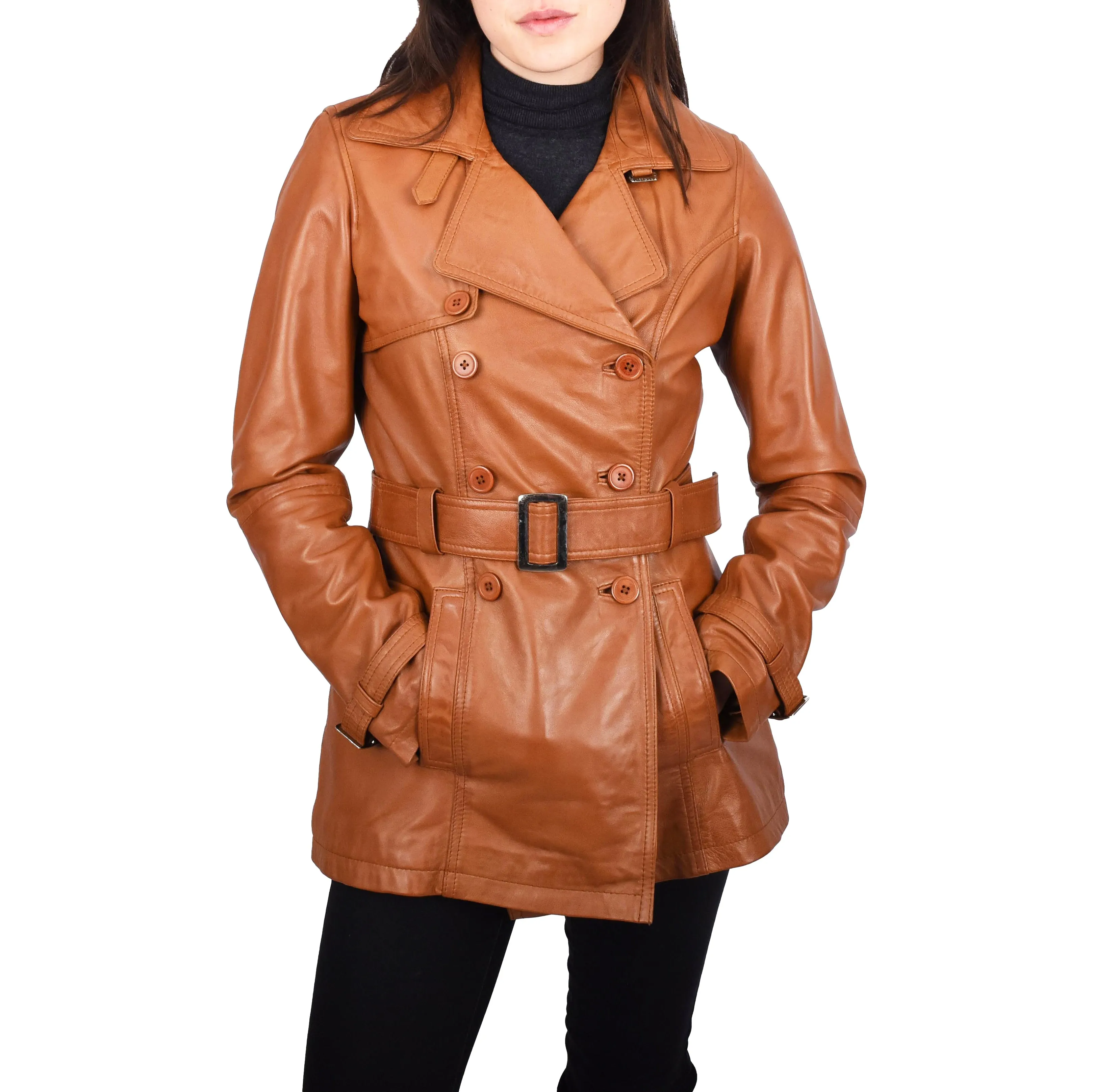 Women's Real Leather Buttoned Coat With Belt Tan GlamTrench