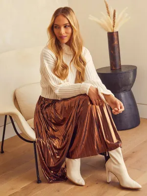 Women's shiny pleated high-waisted A-line mid-length skirt