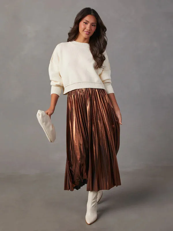 Women's shiny pleated high-waisted A-line mid-length skirt