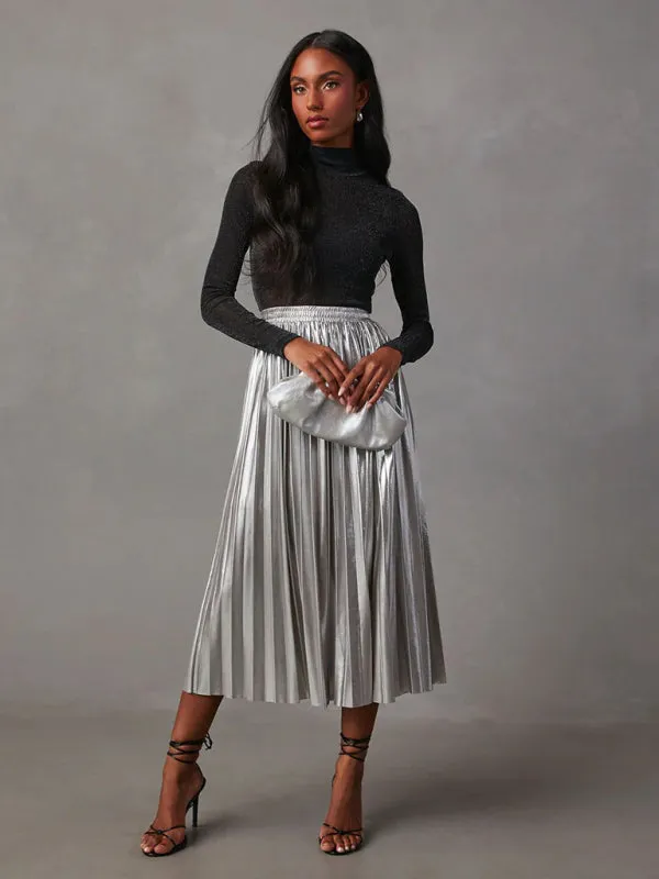 Women's shiny pleated high-waisted A-line mid-length skirt