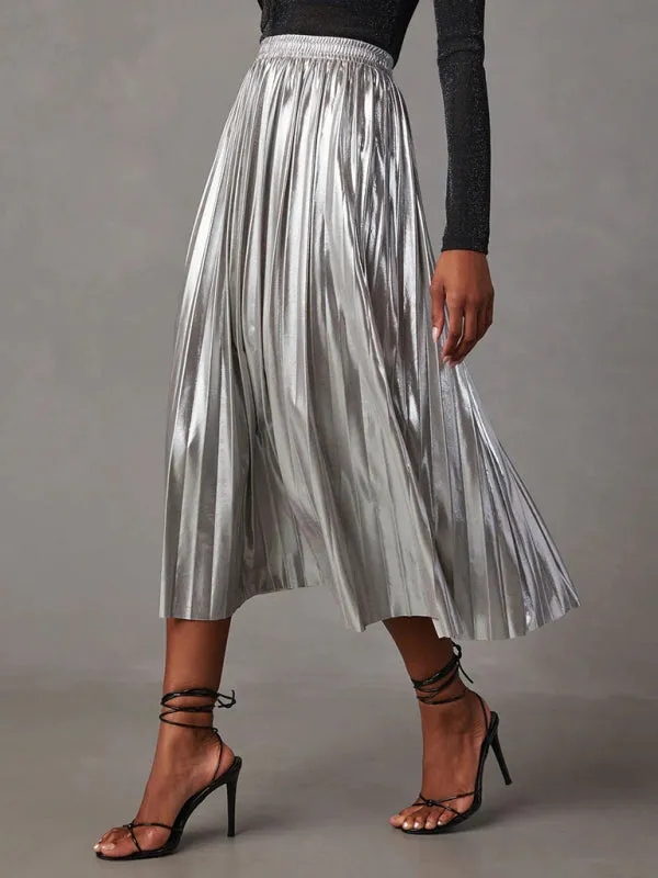 Women's shiny pleated high-waisted A-line mid-length skirt