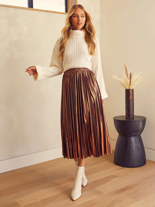 Women's shiny pleated high-waisted A-line mid-length skirt
