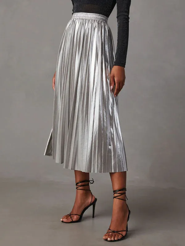 Women's shiny pleated high-waisted A-line mid-length skirt