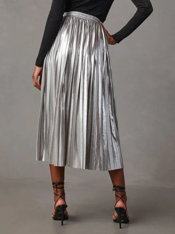 Women's shiny pleated high-waisted A-line mid-length skirt