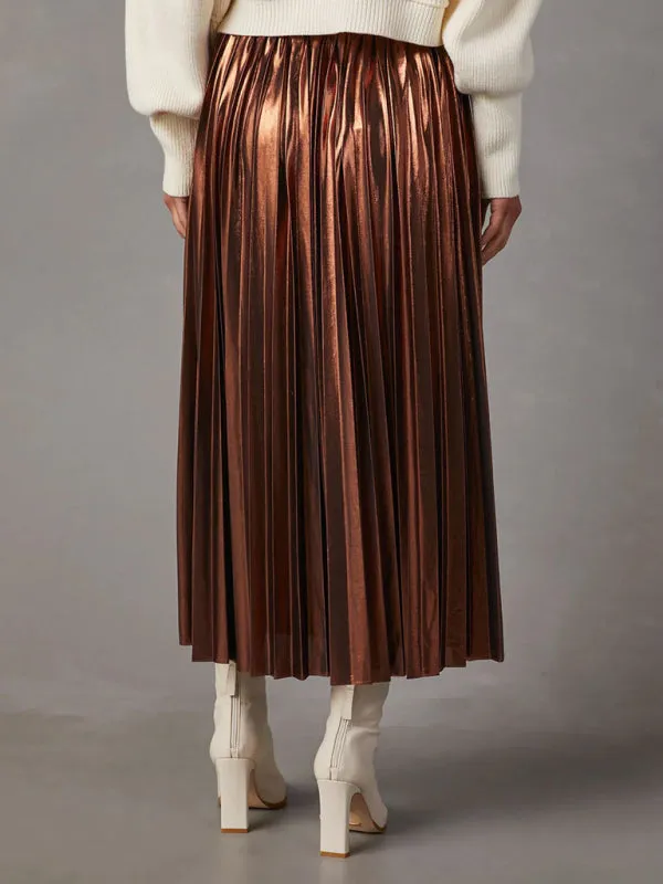 Women's shiny pleated high-waisted A-line mid-length skirt
