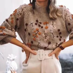 Women's Stylish Floral Turtleneck Sweater | Cropped